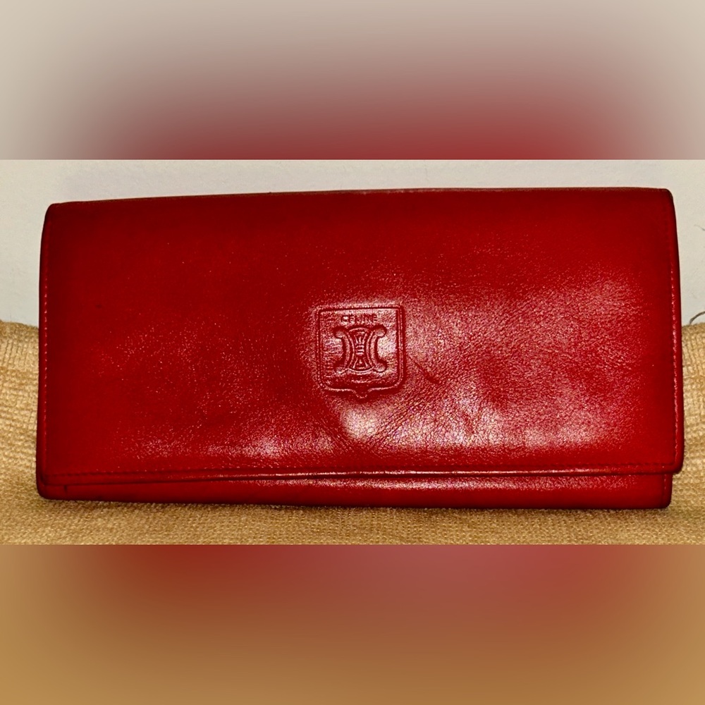Celine Red Leather long wallet with RARE interior Kiss-lock coin pouch.